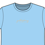 Light blue long-sleeve shirt with text on a white background