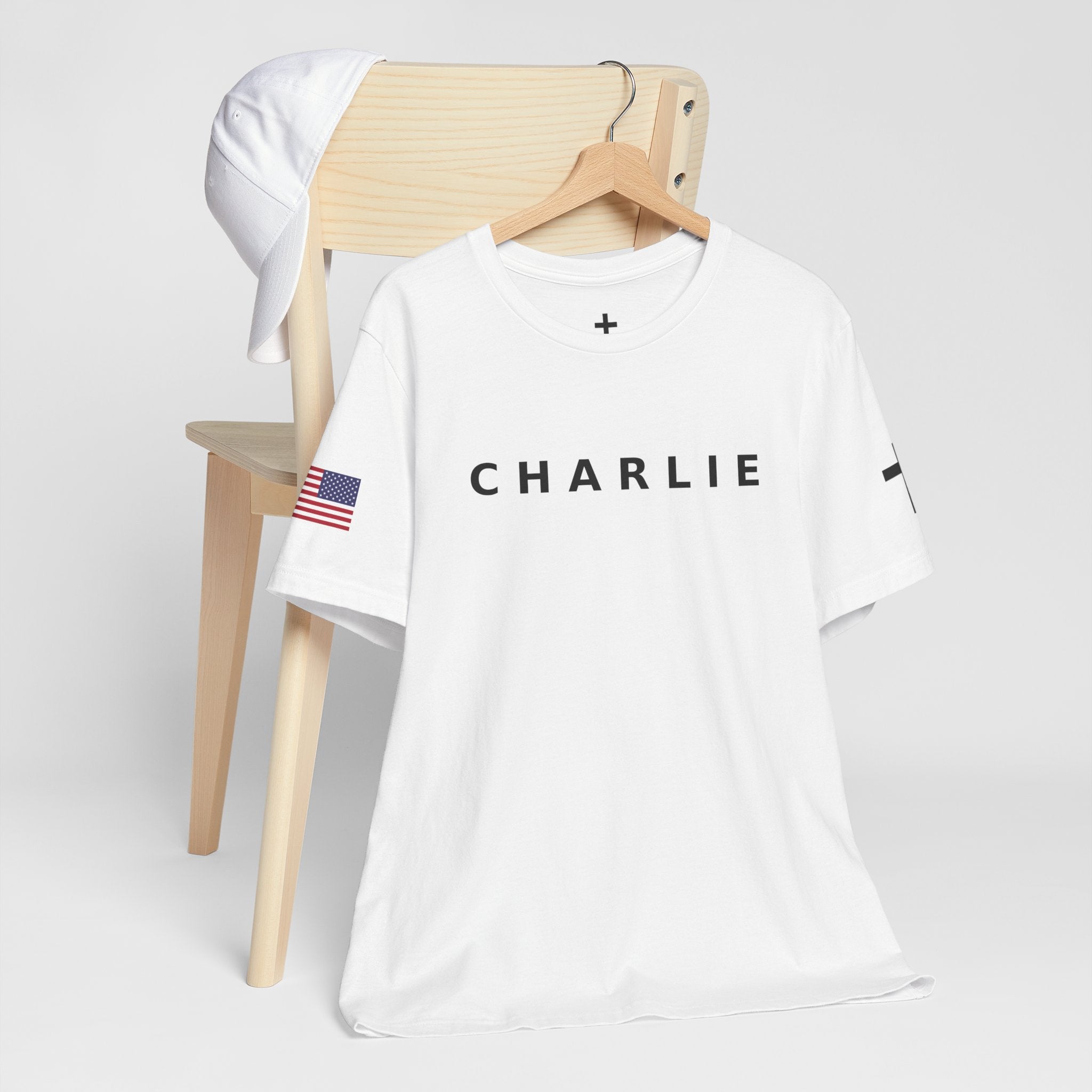 CHARLIE * FREEDOM *  Tee with American Flag Patriotic Short Sleeve Shirt for Men and Women