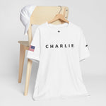 CHARLIE * FREEDOM *  Tee with American Flag Patriotic Short Sleeve Shirt for Men and Women
