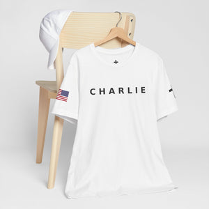 CHARLIE * FREEDOM *  Tee with American Flag Patriotic Short Sleeve Shirt for Men and Women