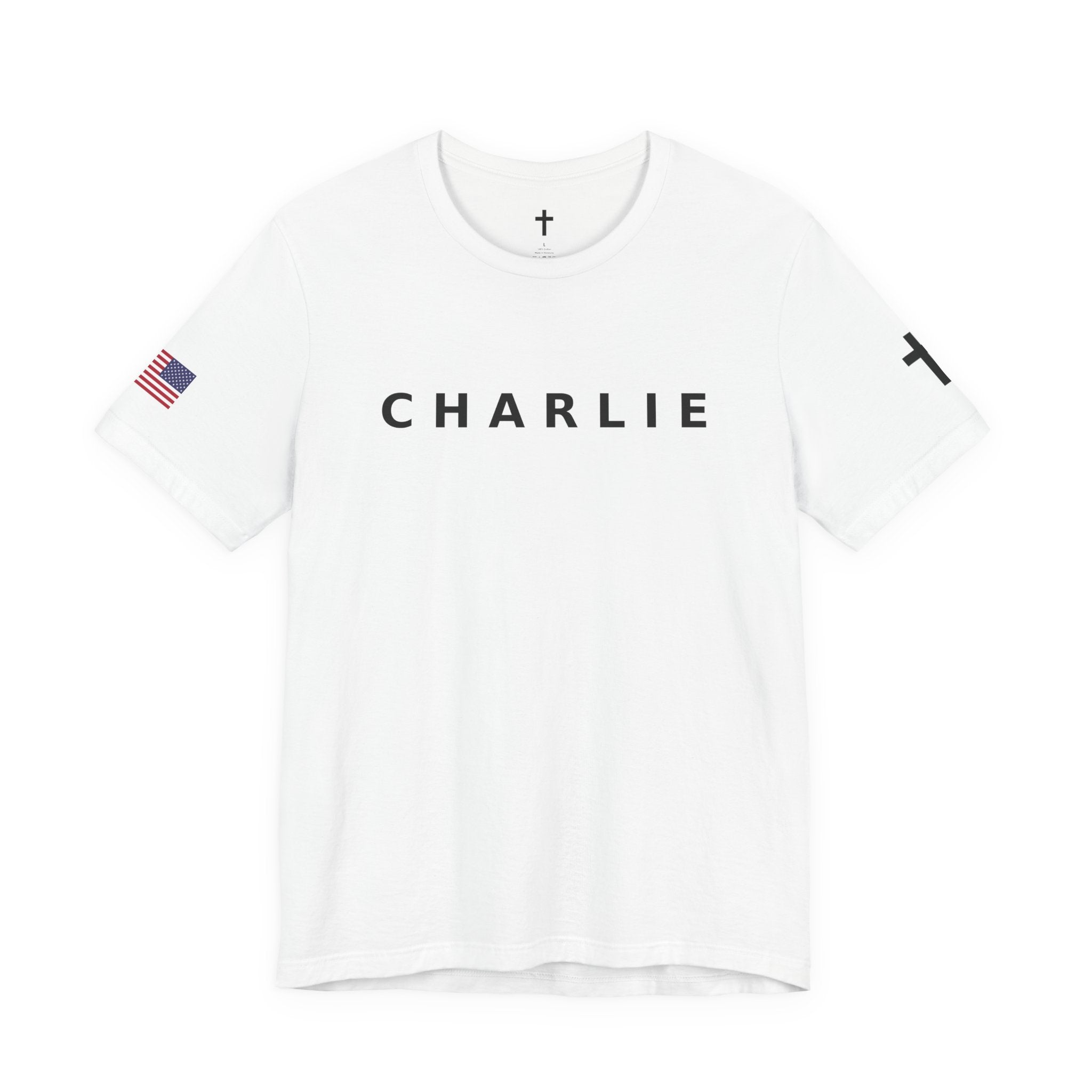 CHARLIE * FREEDOM *  Tee with American Flag Patriotic Short Sleeve Shirt for Men and Women