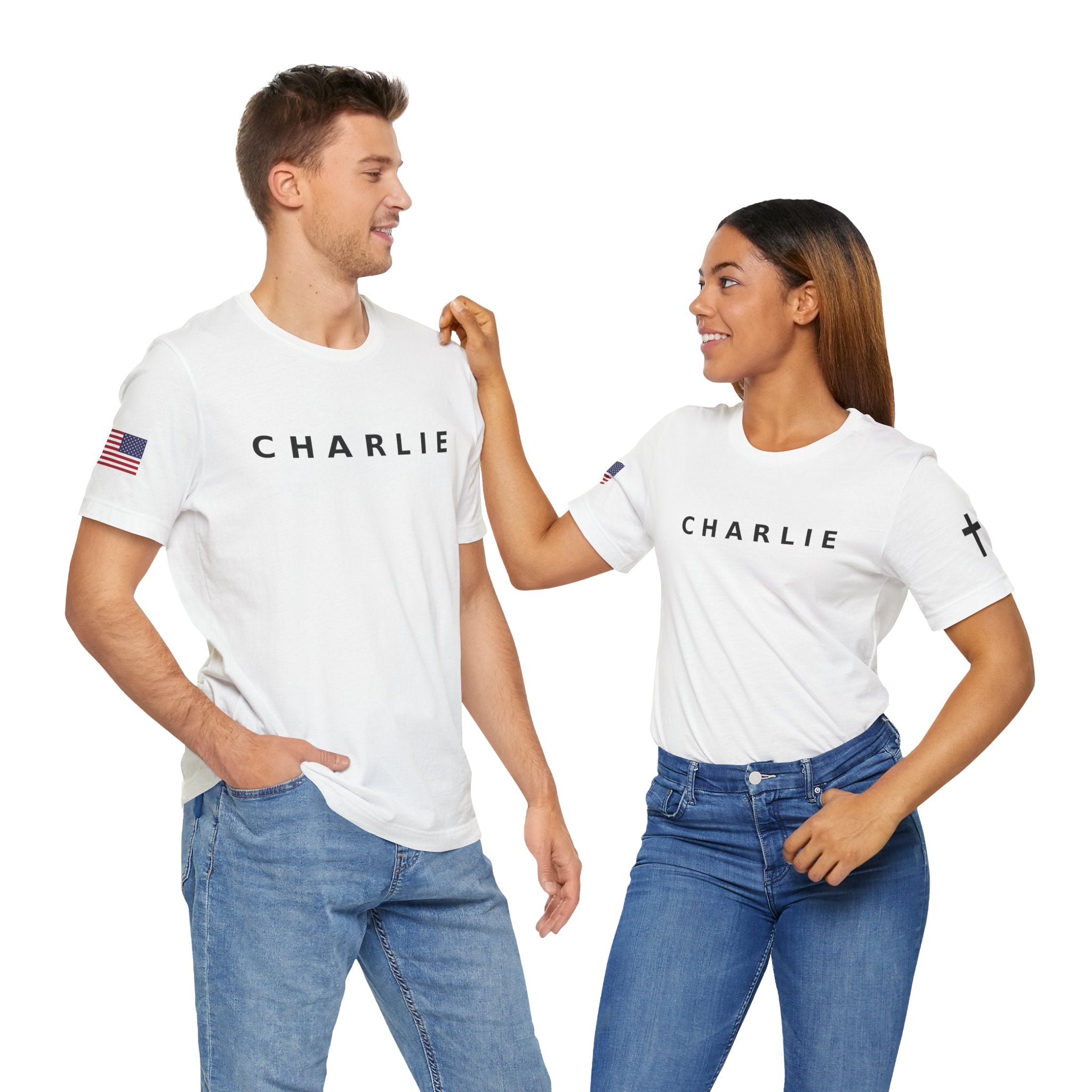 CHARLIE * FREEDOM *  Tee with American Flag Patriotic Short Sleeve Shirt for Men and Women