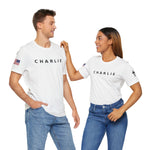 CHARLIE * FREEDOM *  Tee with American Flag Patriotic Short Sleeve Shirt for Men and Women