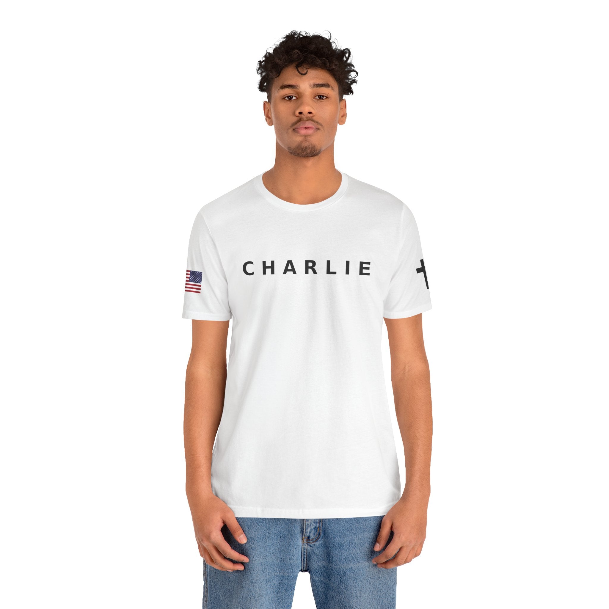 CHARLIE * FREEDOM *  Tee with American Flag Patriotic Short Sleeve Shirt for Men and Women