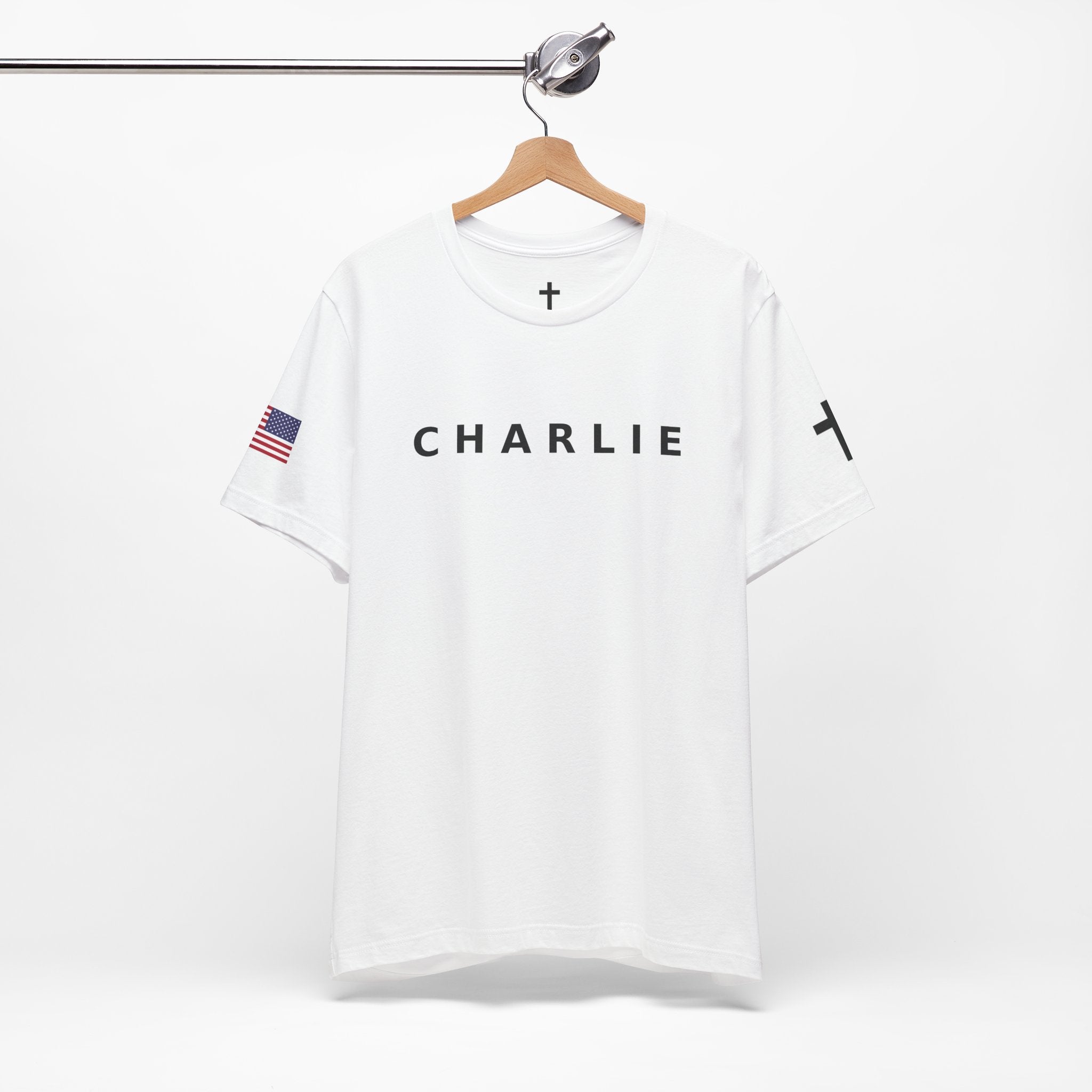 CHARLIE * FREEDOM *  Tee with American Flag Patriotic Short Sleeve Shirt for Men and Women