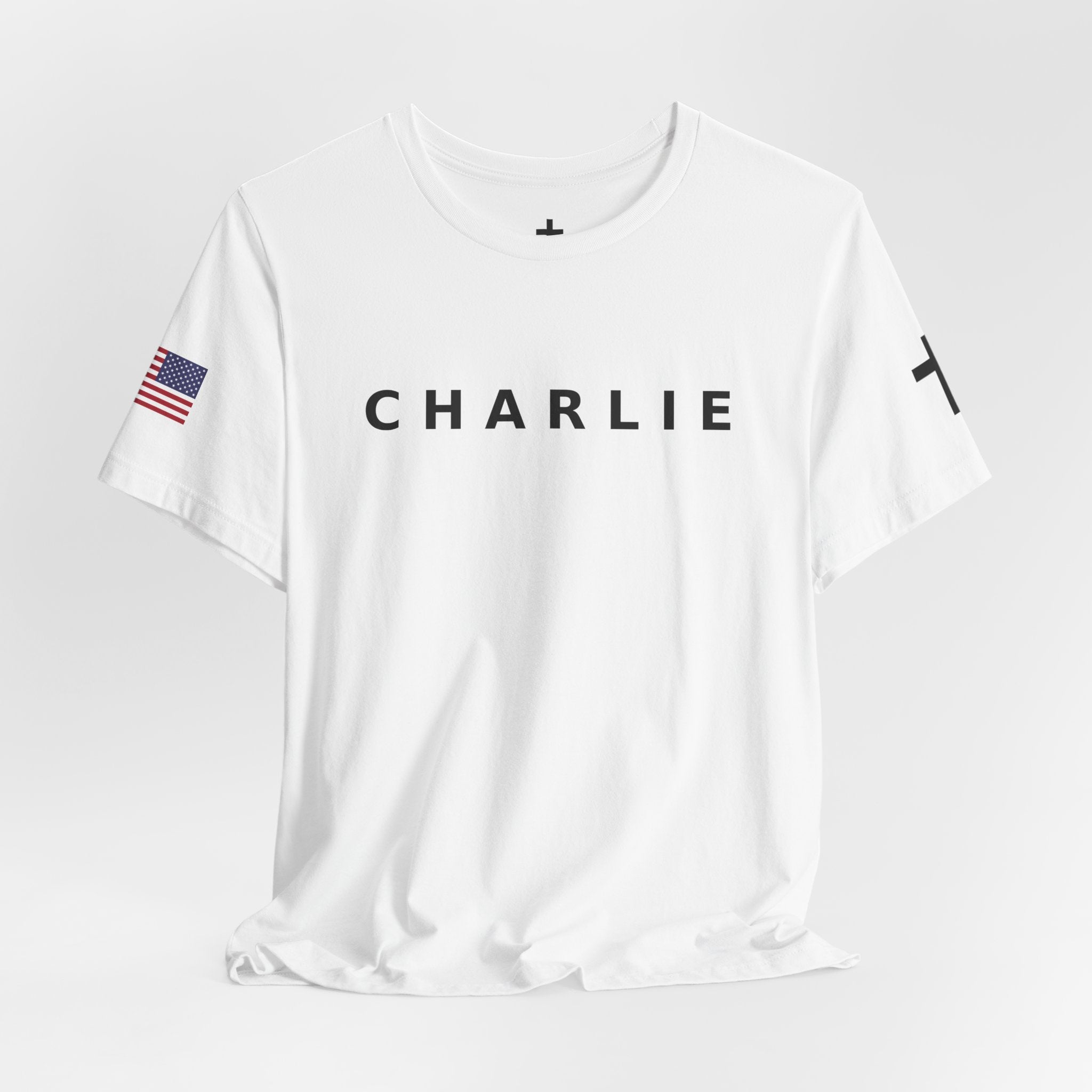 CHARLIE * FREEDOM *  Tee with American Flag Patriotic Short Sleeve Shirt for Men and Women