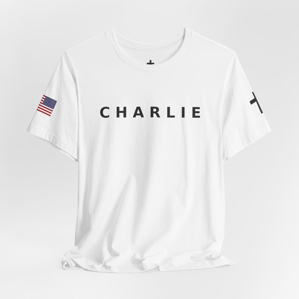 CHARLIE * FREEDOM *  Tee with American Flag Patriotic Short Sleeve Shirt for Men and Women