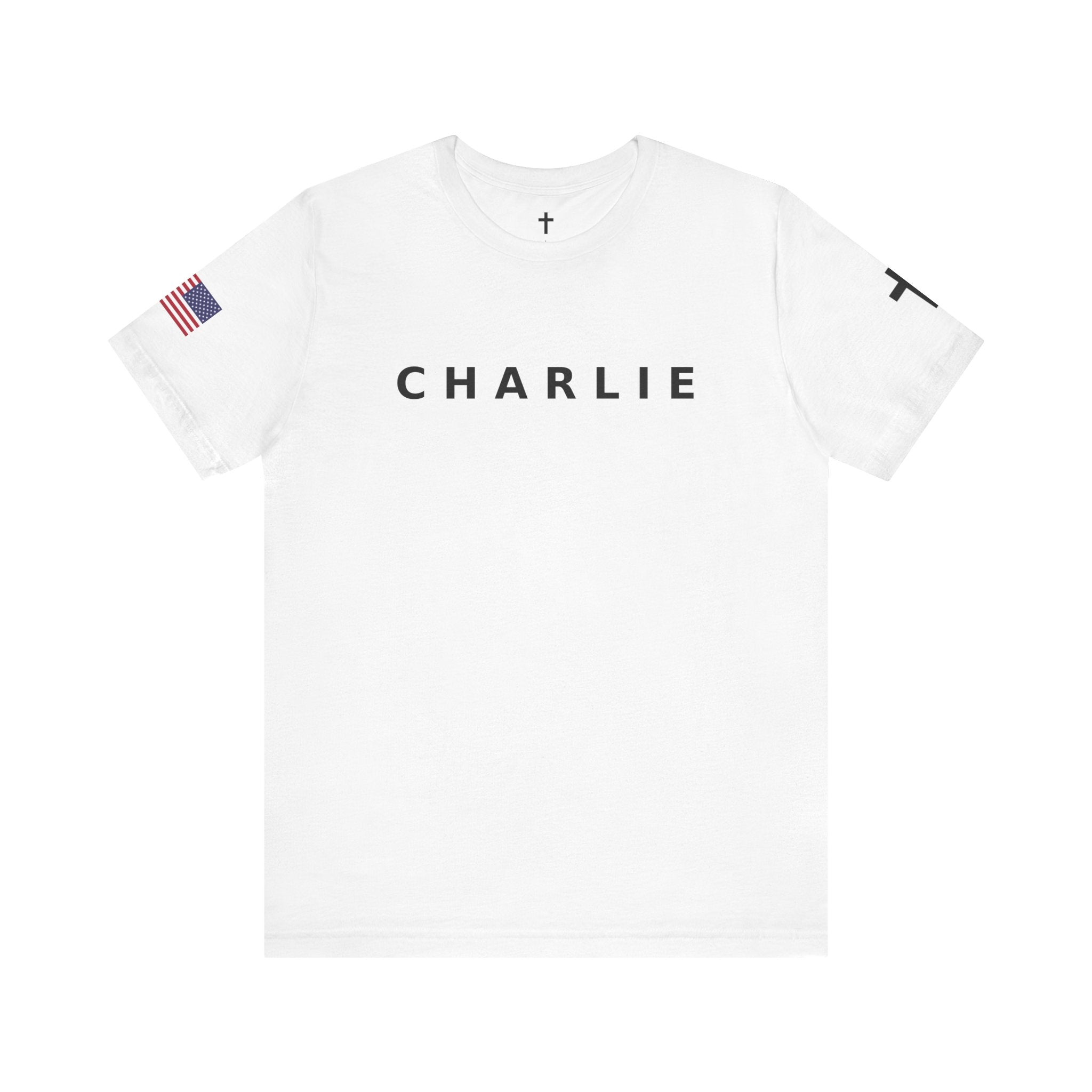 CHARLIE * FREEDOM *  Tee with American Flag Patriotic Short Sleeve Shirt for Men and Women
